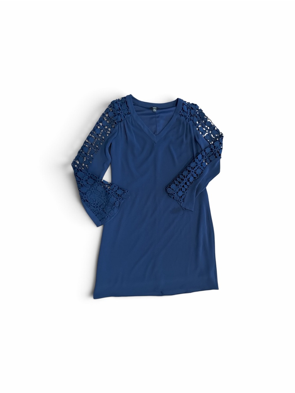 MSK Navy Blue V-Neck Dress with Crochet Bell Sleeves